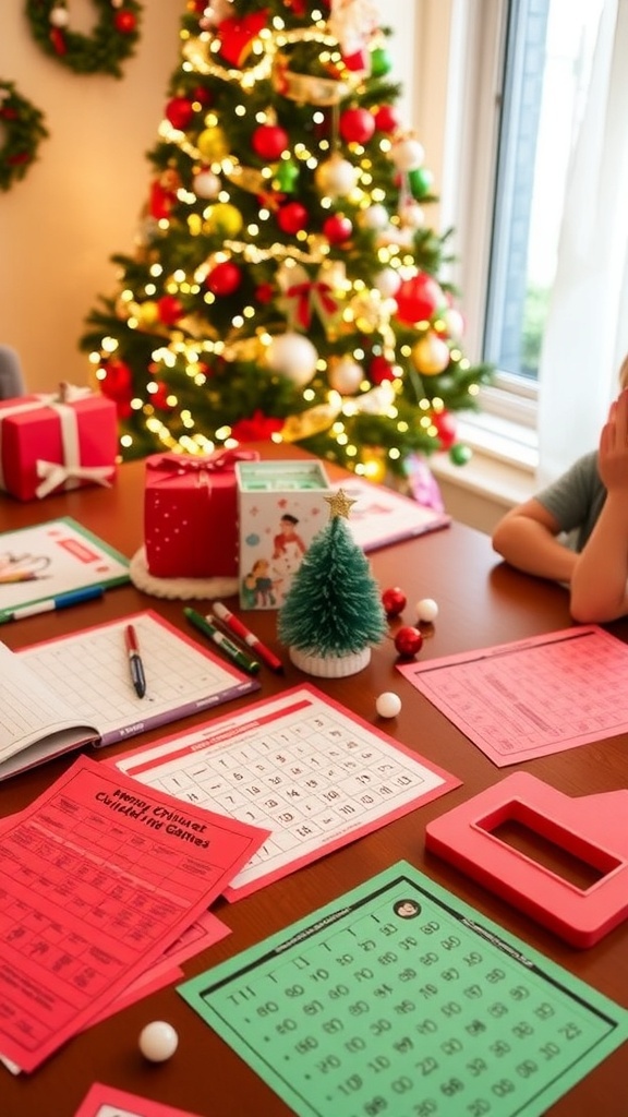 A table with printable Christmas games, pens, and decorations, ready for holiday fun.